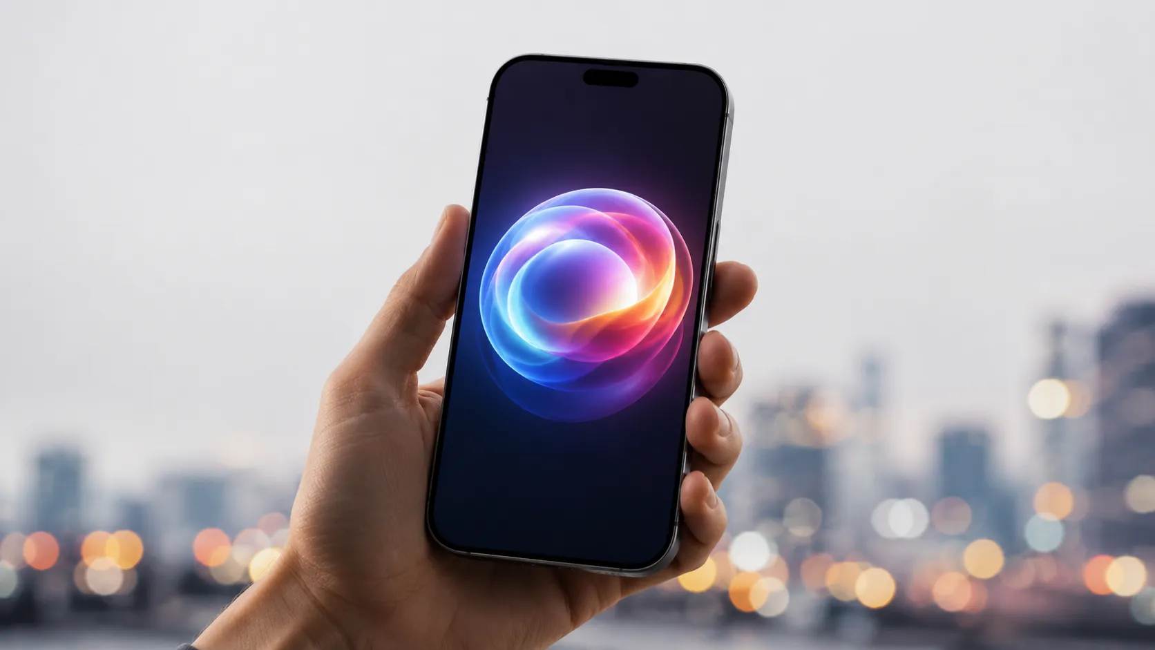 iPhone displaying a glowing AI assistant interface