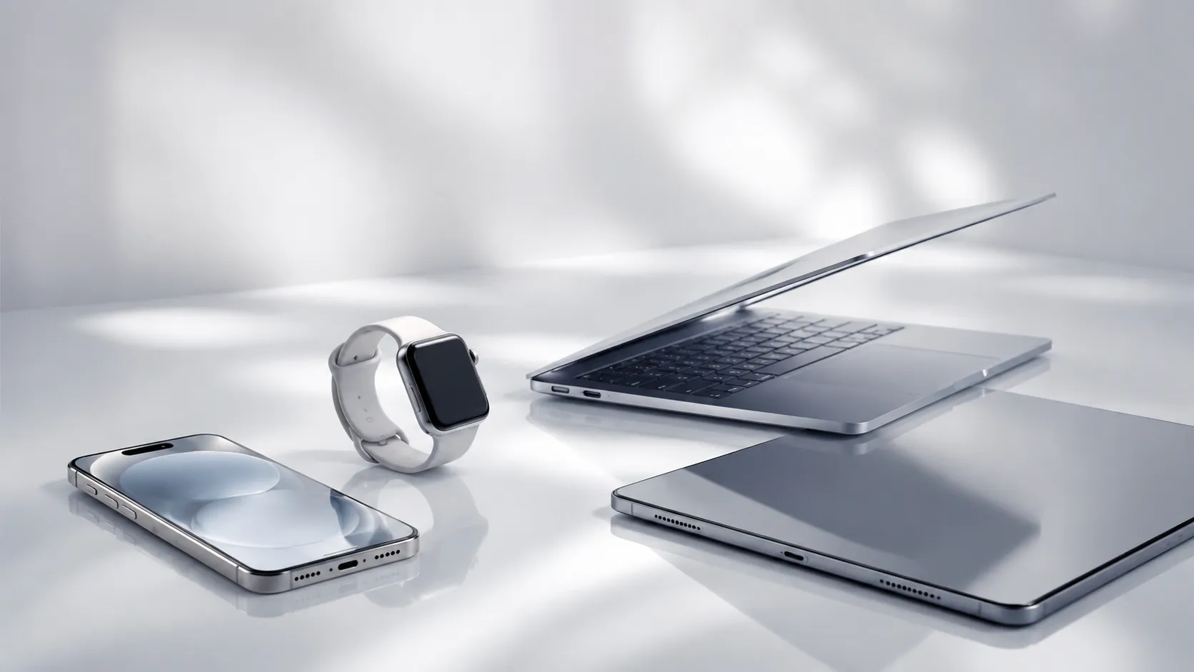 iPhone, Apple Watch, MacBook, and iPad arranged together showing Apple OS 27 software features