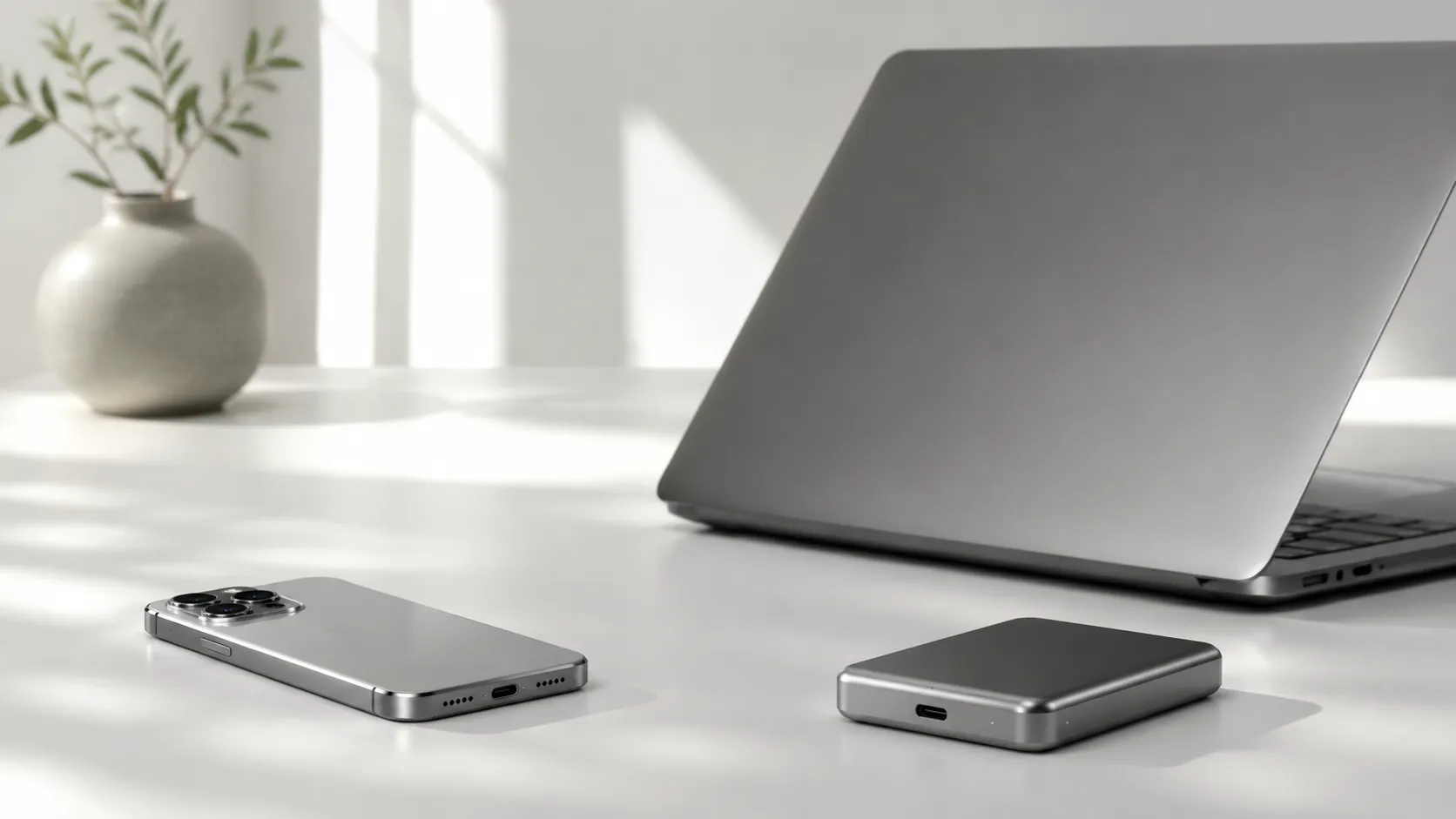 iPhone, MacBook, and external SSD arranged together representing multiple methods to backup iPhone photos