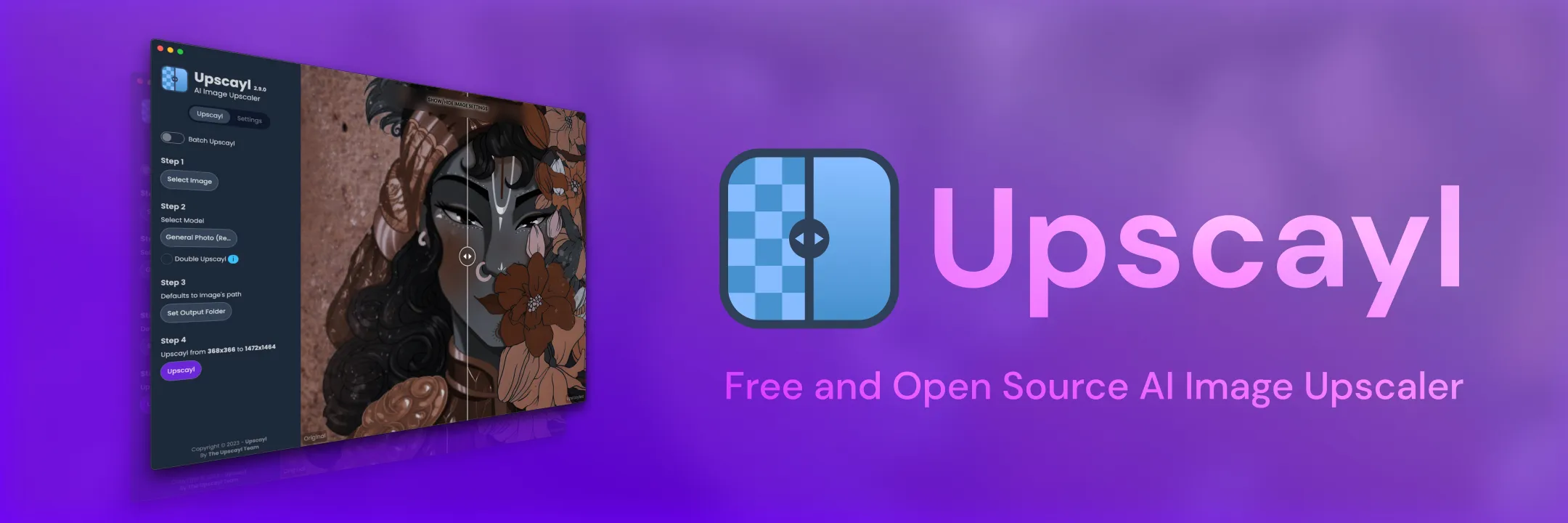 Upscayl, a free open-source AI image upscaler for Mac, showing its step-by-step panel with model selection and a before-after preview