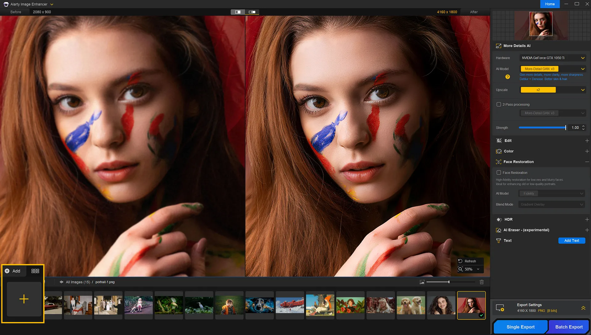 Aiarty Image Enhancer on Mac showing a before-and-after split view of an AI-upscaled portrait with the model and export settings panel