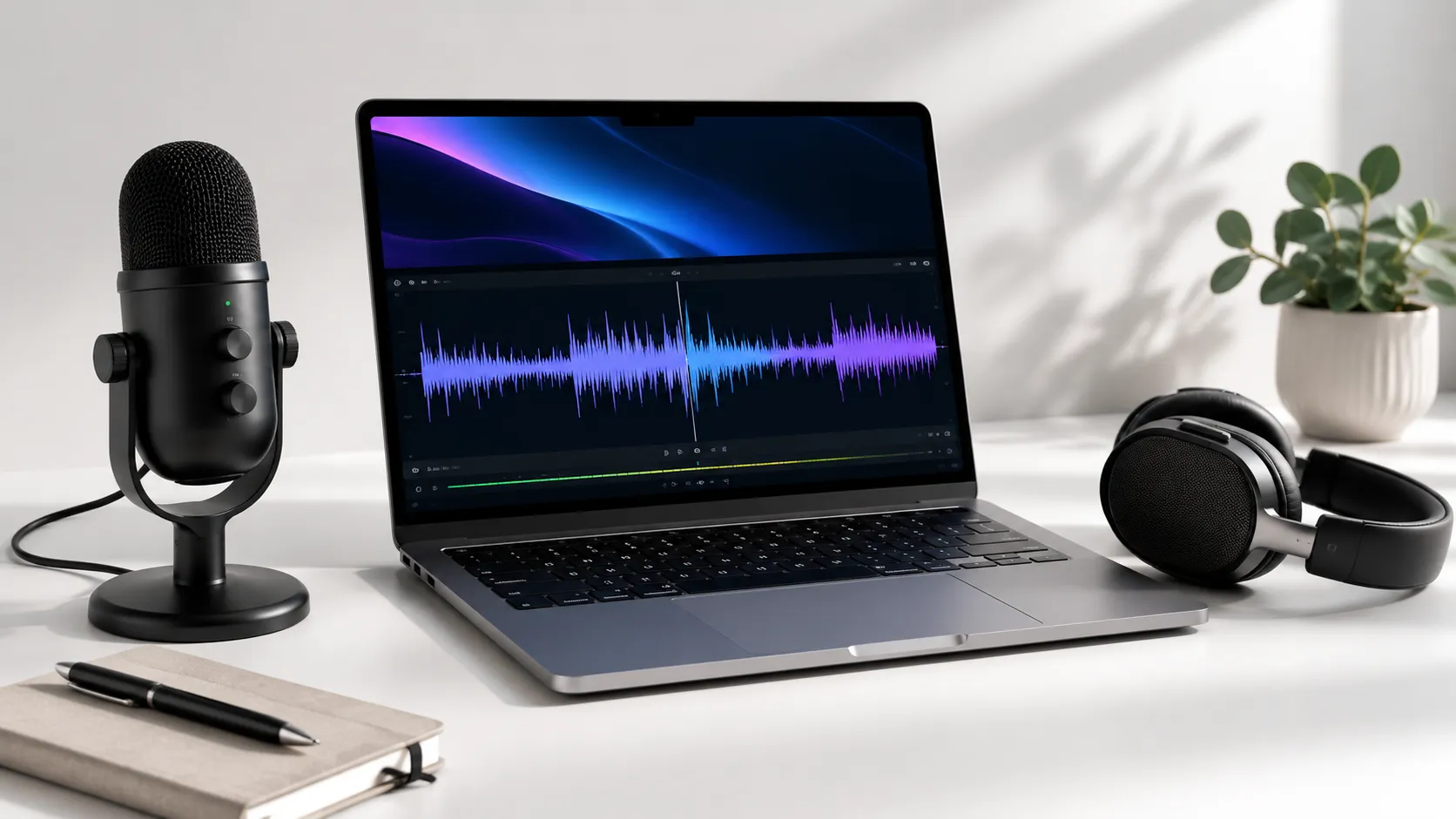 USB microphone beside a MacBook showing audio waveform for screen recording with audio on Mac