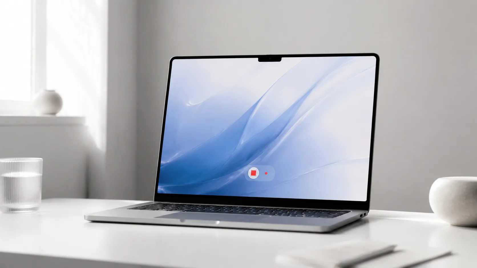MacBook Air on a white desk with a screen recording in progress, illustrating the best free screen recorder for Mac