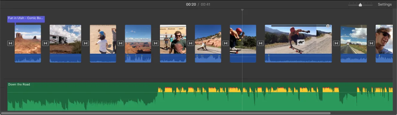 iMovie timeline on Mac showing video clip thumbnails with an audio clip beneath them