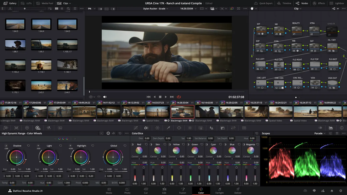 DaVinci Resolve Color page on Mac with node-based grading and video scopes