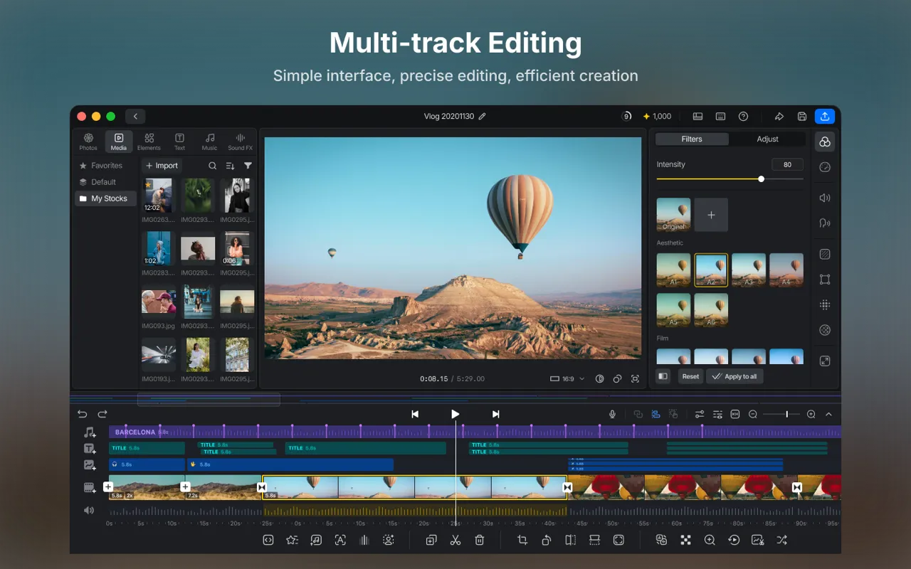 VN Video Editor multi-track timeline interface on Mac