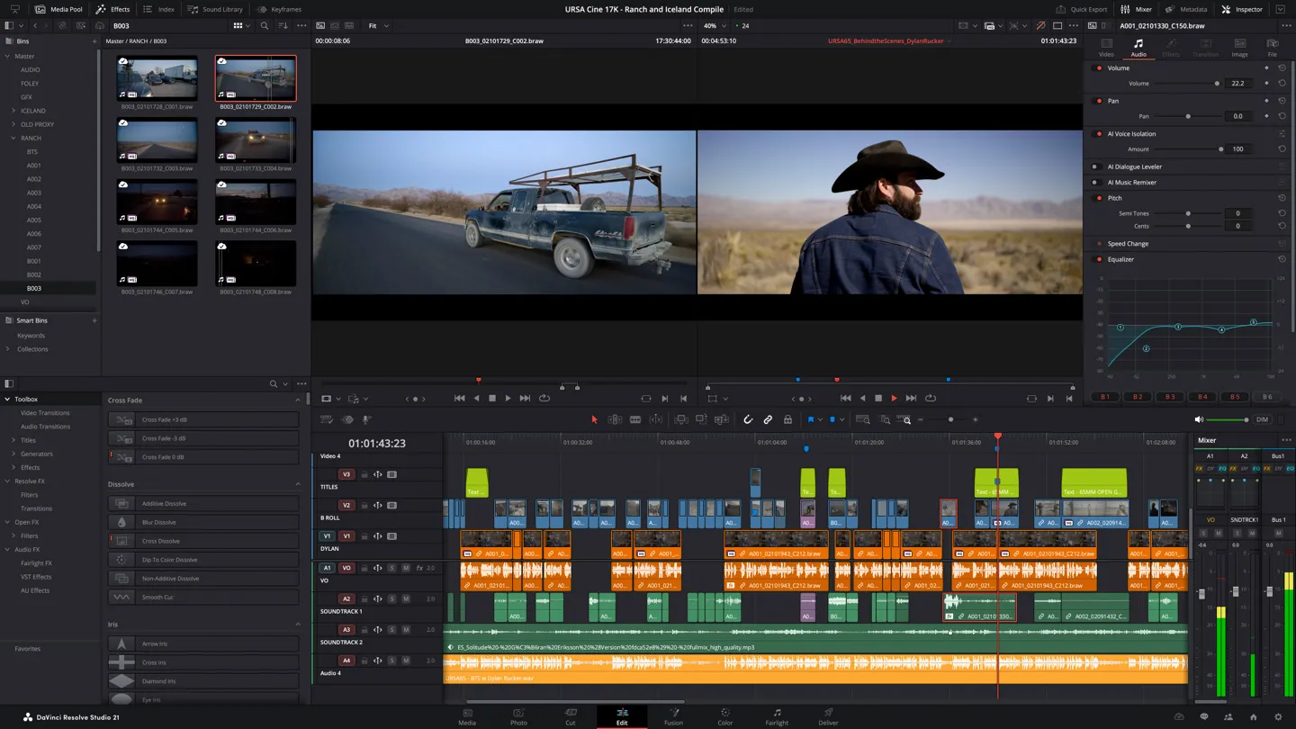 DaVinci Resolve Edit page on Mac, showing the timeline, media pool, and viewer