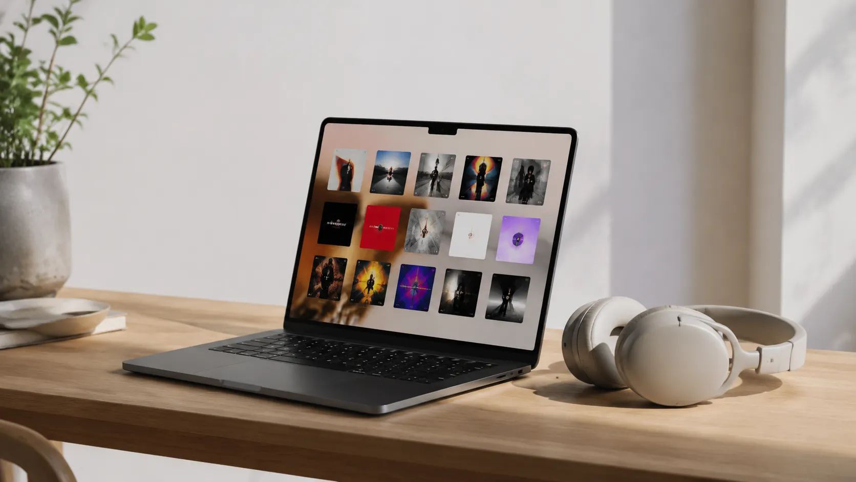 MacBook Air on a desk with headphones showing a music library as the best iTunes alternative setup