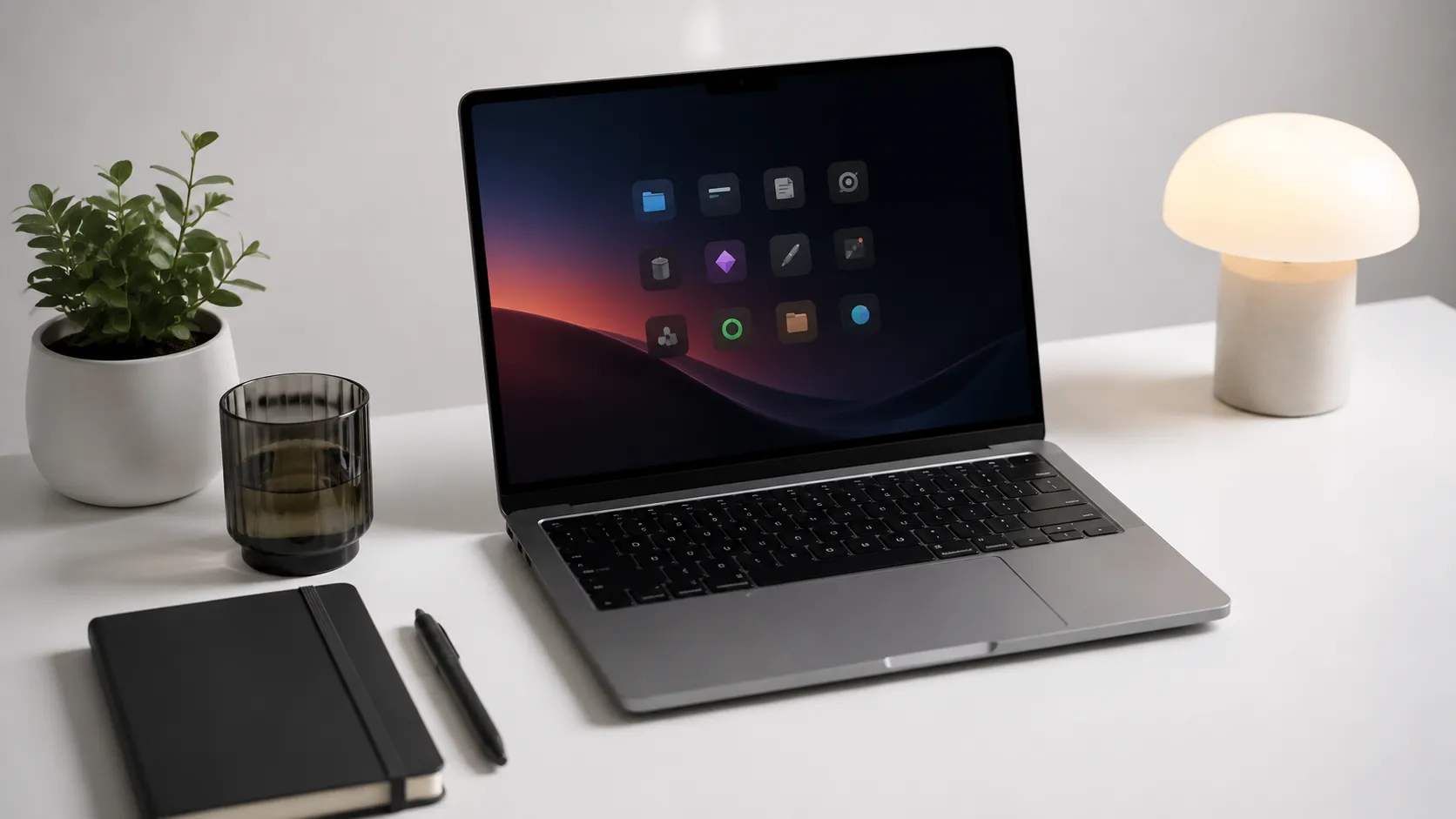 MacBook Pro displaying a dark mode macOS desktop with custom navy wallpaper and monochrome folder icons for mac themes