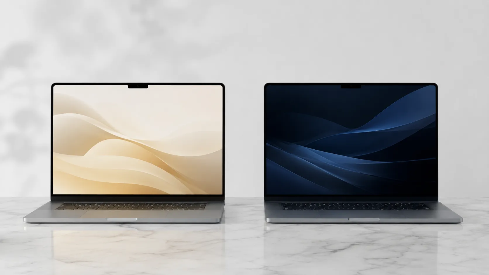 macOS desktop comparison showing light mode and dark mode mac themes side by side on MacBook Pro
