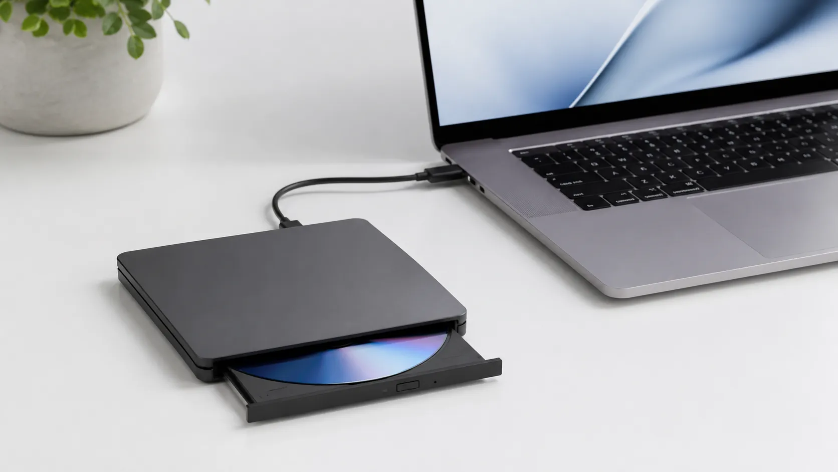 External Blu-ray drive connected via USB-C to a MacBook Pro for ripping Blu-ray discs on Mac