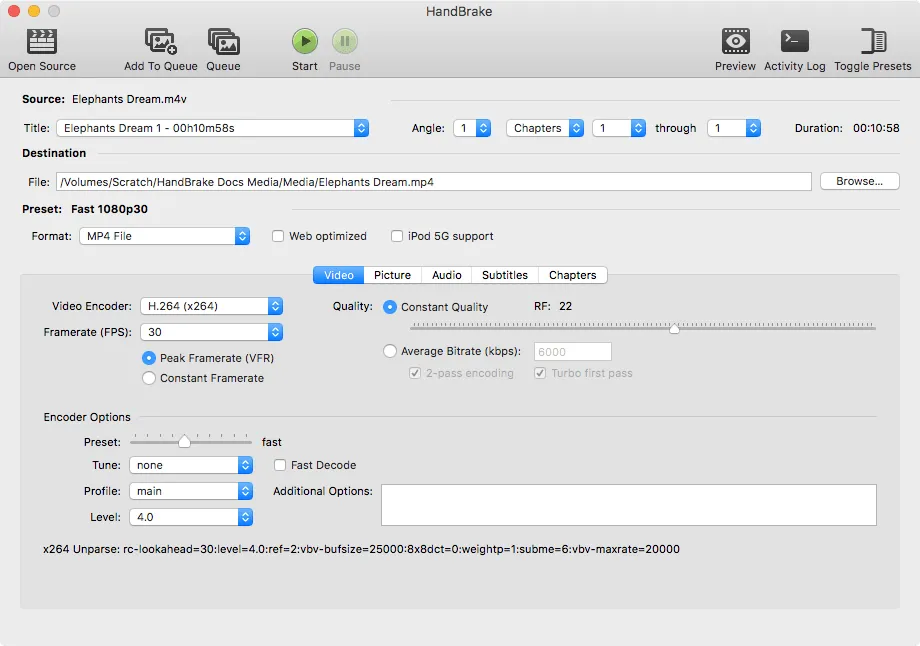 HandBrake on macOS showing the video encoder, preset, and format settings used to compress a ripped Blu-ray file