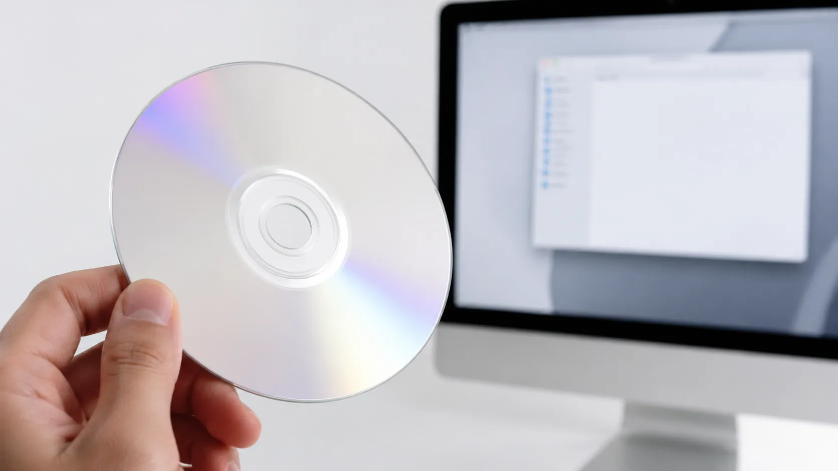 Blank DVD-R disc reflecting light with a Mac Finder window visible in the background
