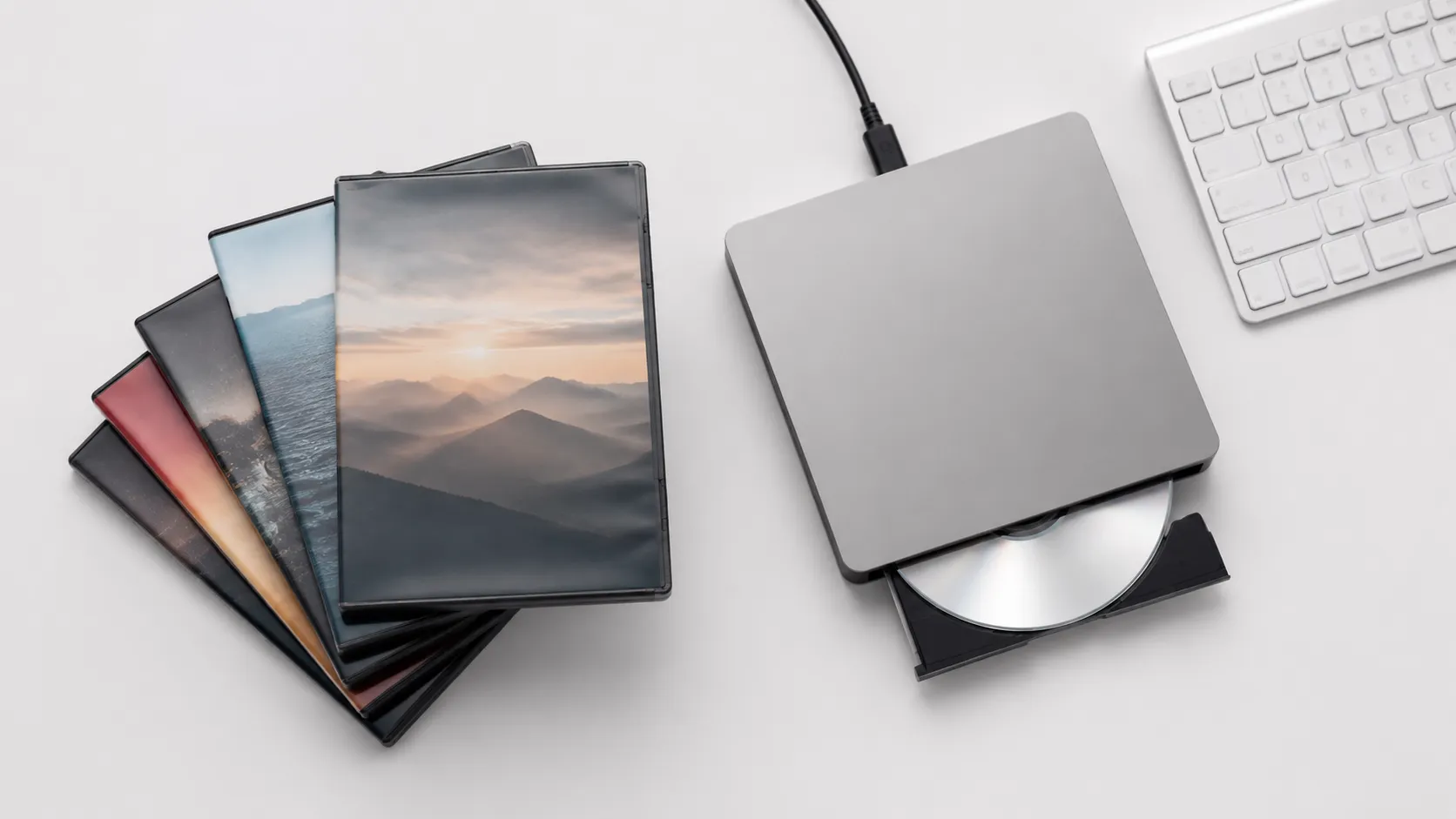Collection of DVD cases and an external optical drive beside a Mac keyboard for disc archiving