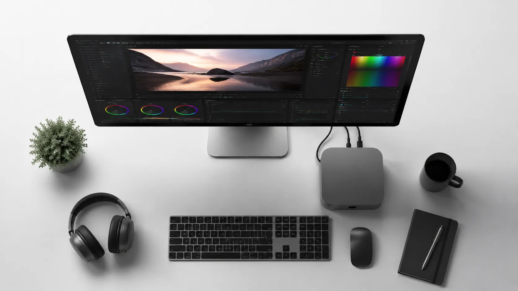 Mac mini workstation set up for professional video editing and color grading on Mac