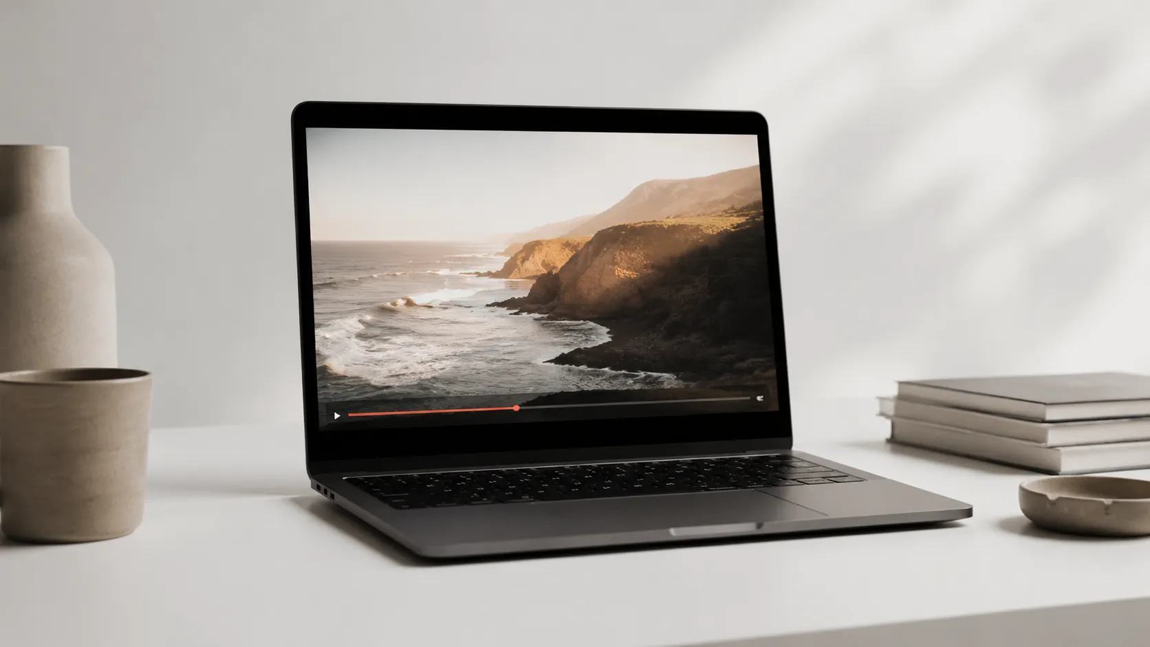 MacBook Pro on a white desk with a glowing video player interface for downloading YouTube videos on Mac