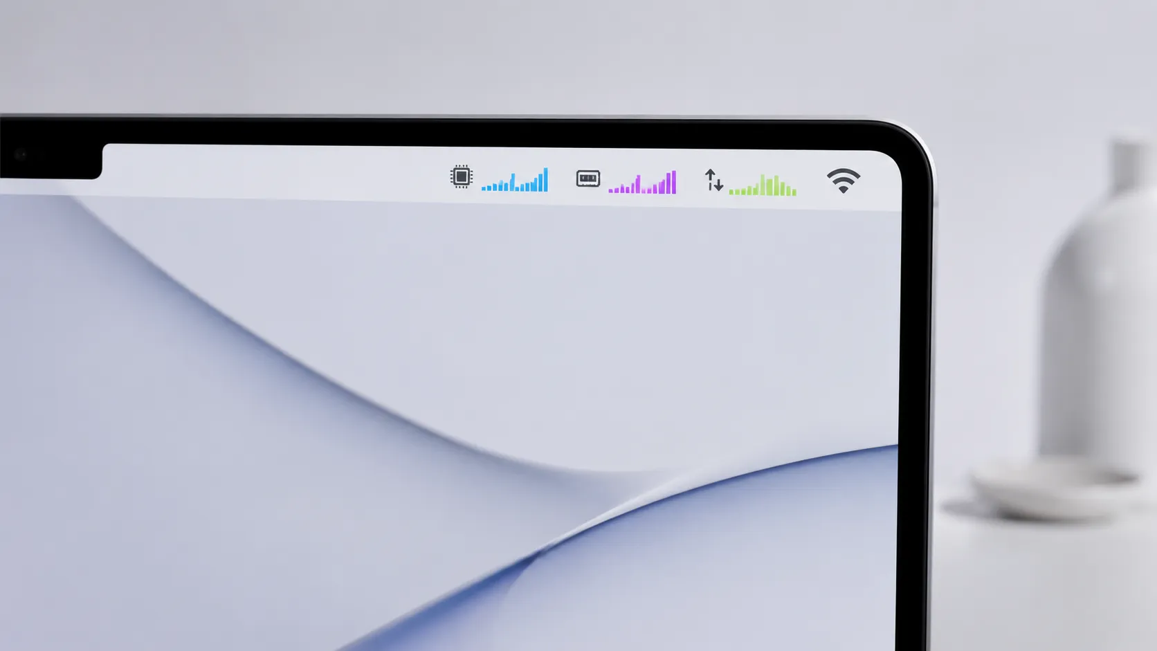 Free Mac resource monitor icons displayed in a clean macOS menu bar on a MacBook Pro