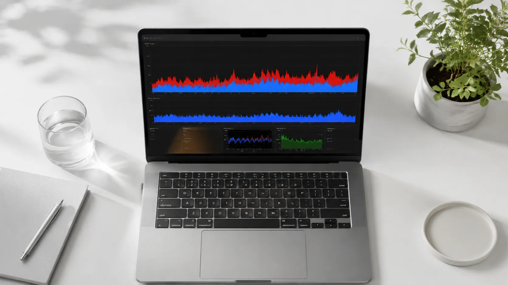 macOS Activity Monitor showing CPU and memory usage graphs on a MacBook Air