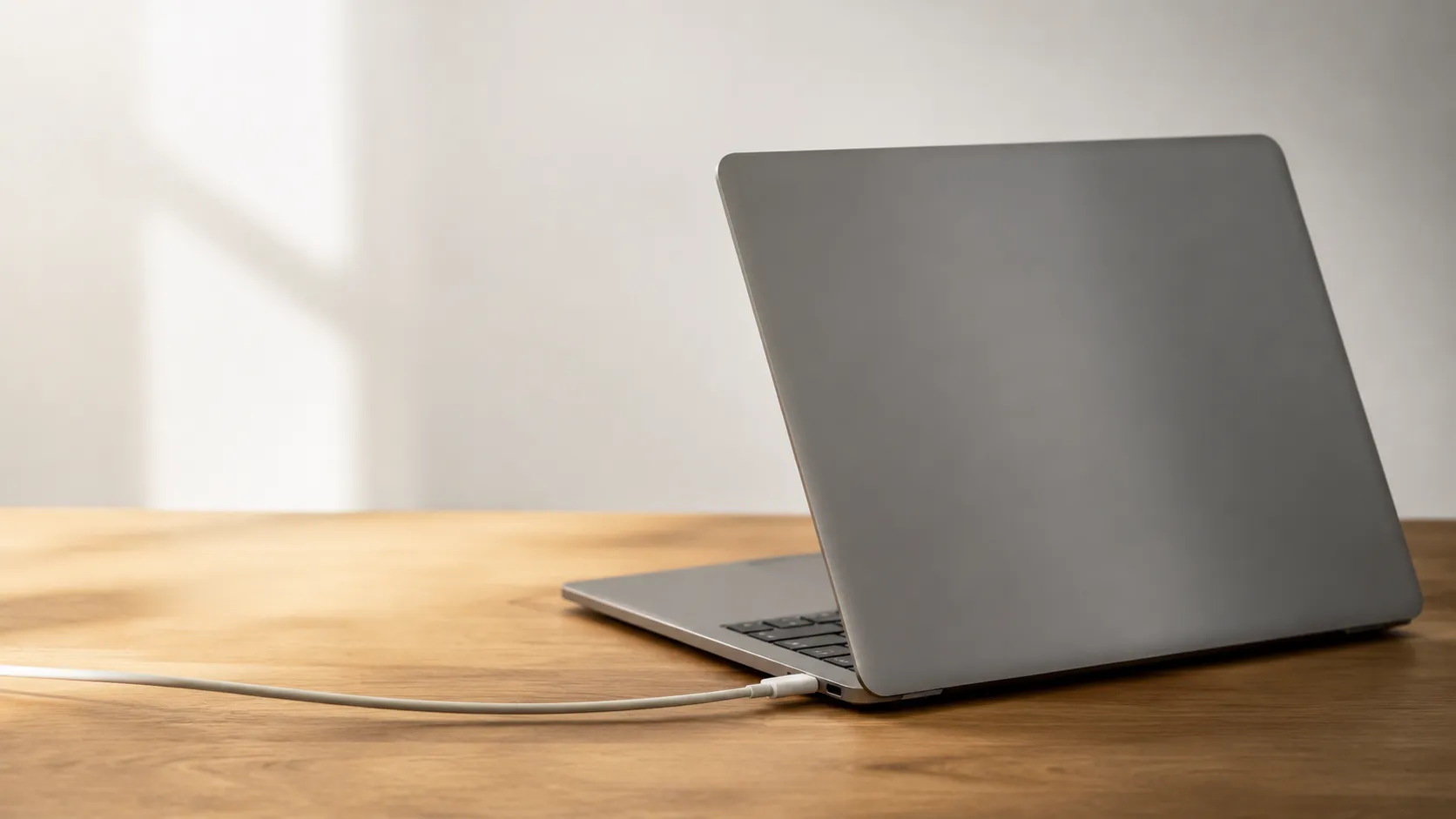 MacBook Pro battery charging cable on a wooden desk illustrating free Mac battery health monitoring