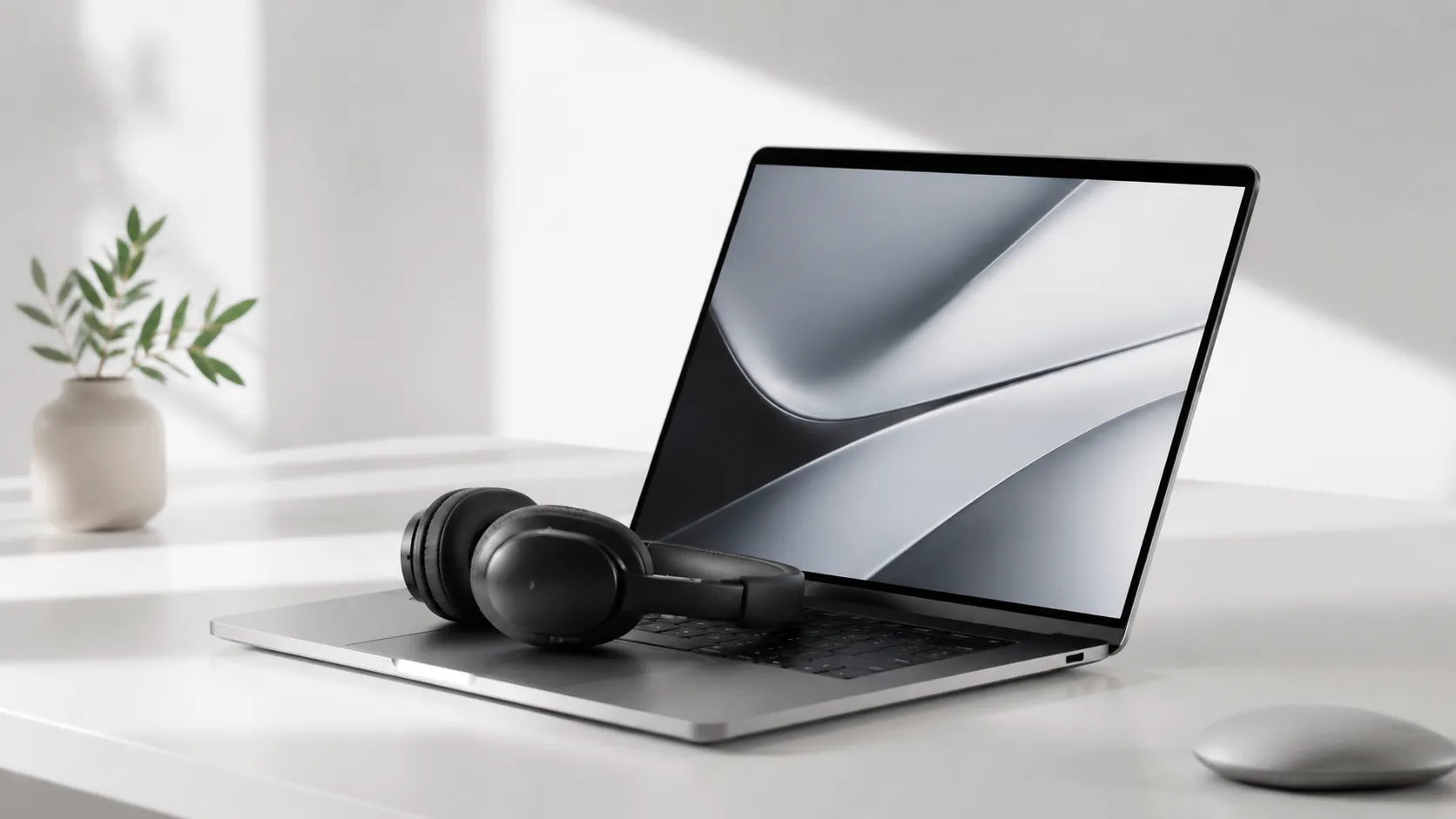 MacBook Air on a white desk with headphones, representing free music download sites for Mac users