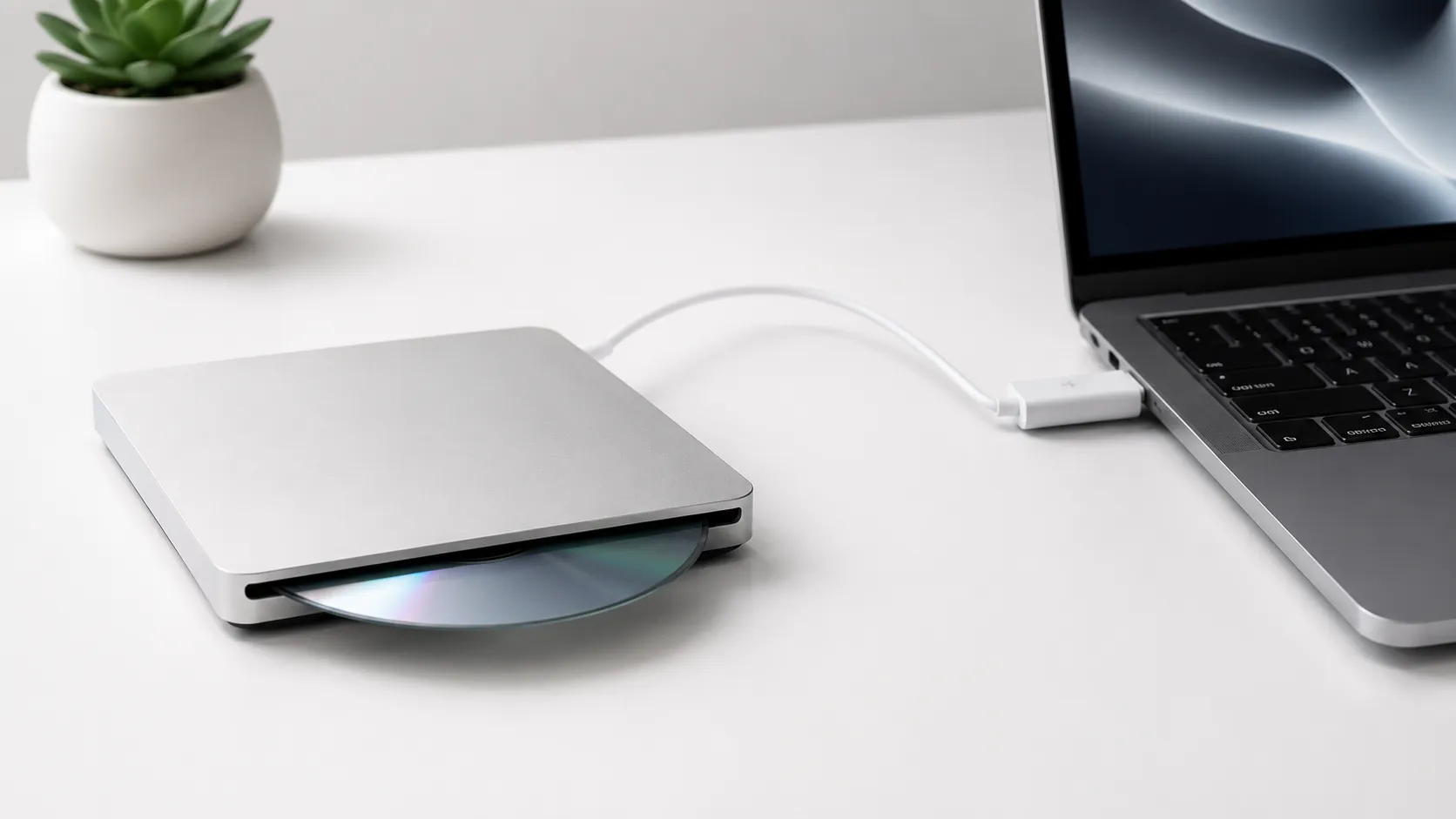 Apple USB SuperDrive connected to MacBook Pro via USB-C adapter for DVD video conversion on Mac