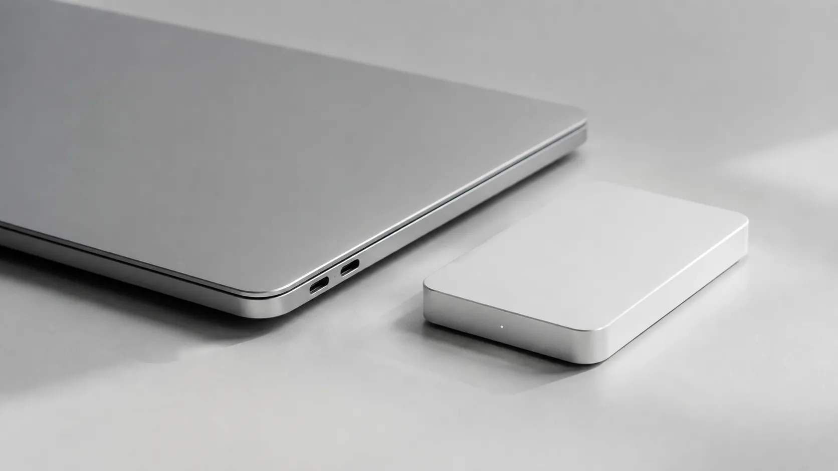 A MacBook beside an external SSD, the simplest way to move large libraries off a full internal drive