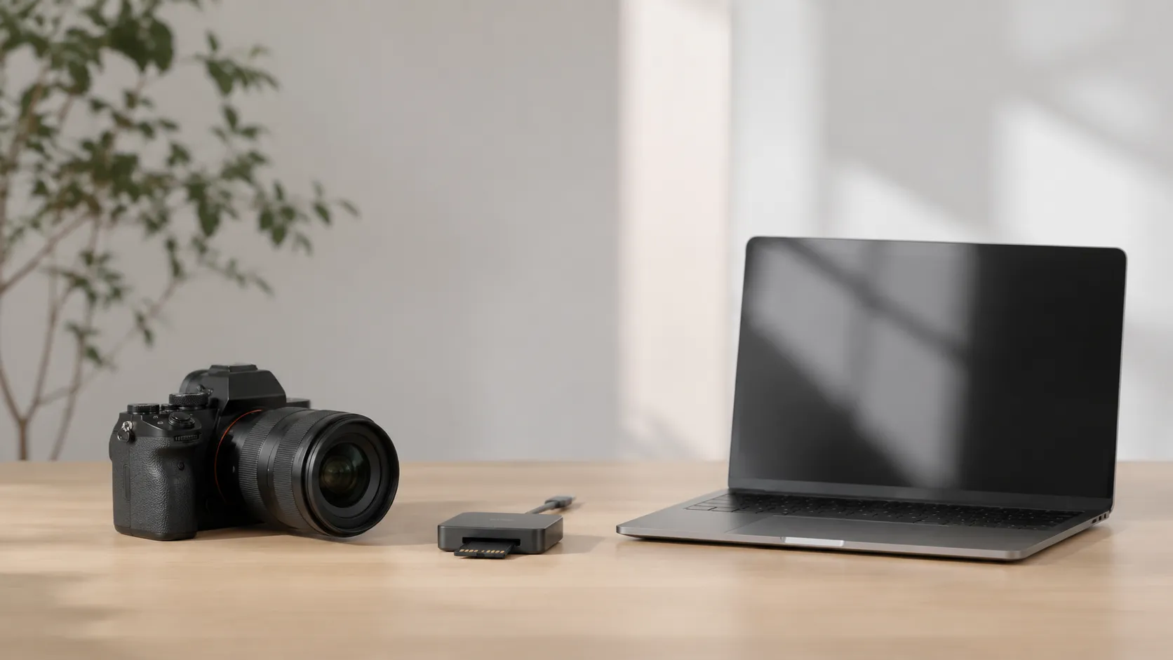 Sony mirrorless camera with SD card reader and MacBook Pro on a wood desk for camera video import on Mac