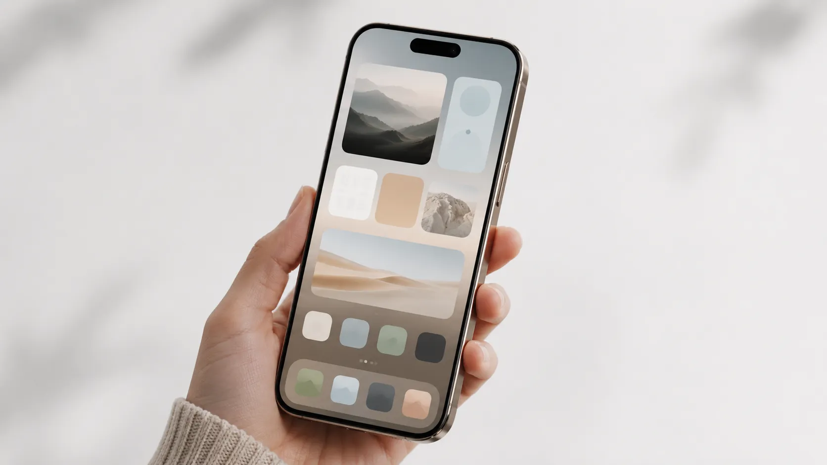 iPhone 16 Pro with a clean widget-based home screen layout demonstrating iOS 18 customization options