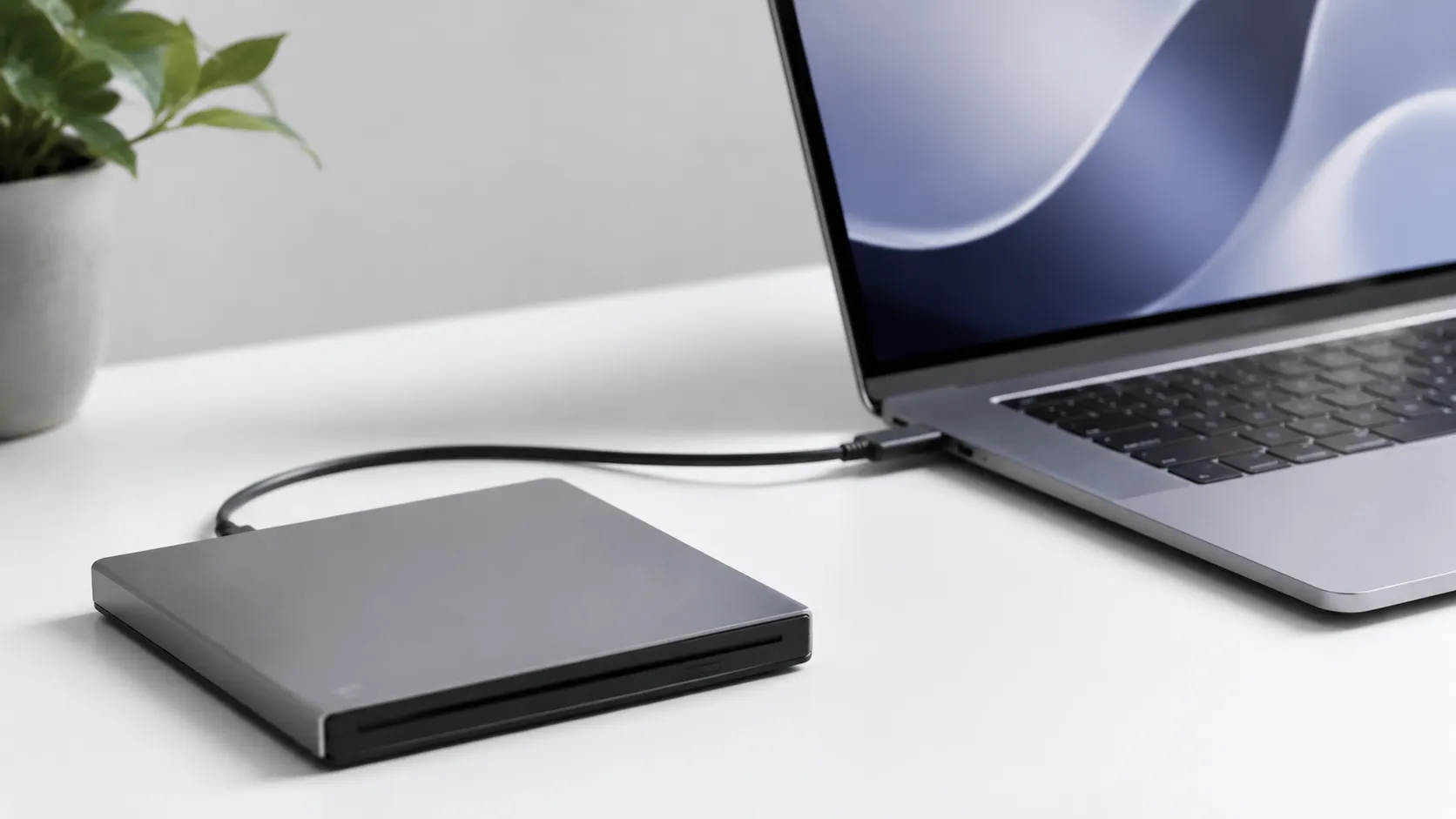 External Blu-ray drive connected via USB-C to a MacBook Pro for Blu-ray playback on Mac