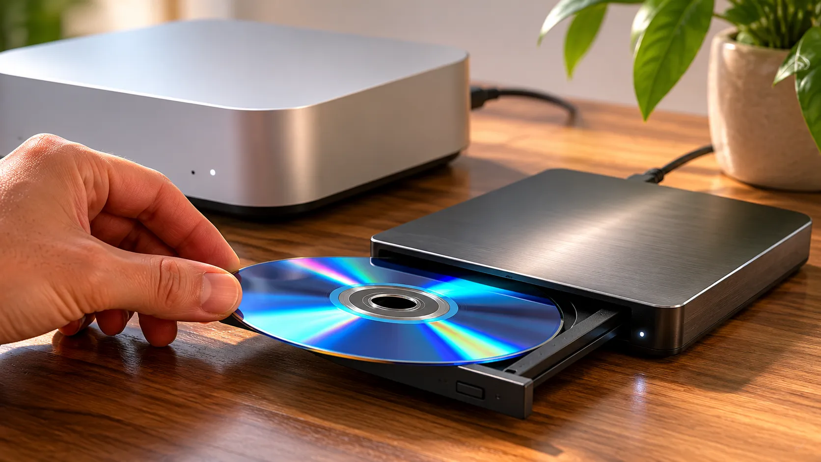 Blu-ray disc being inserted into an external optical drive connected to a Mac mini