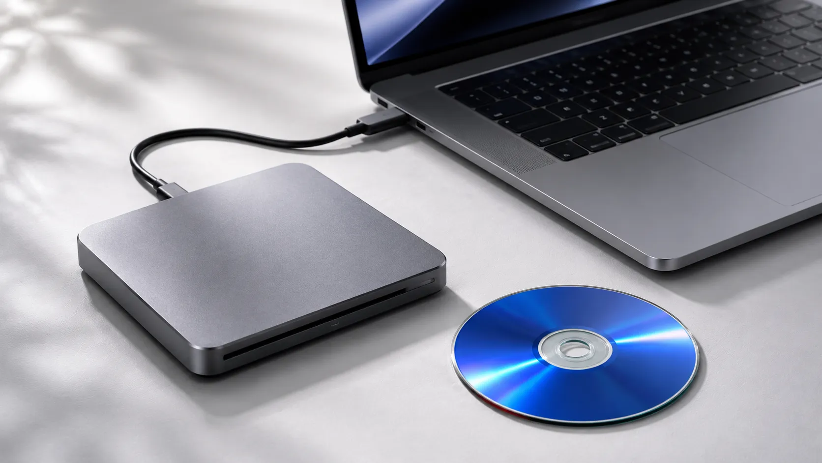 Blu-ray disc and external USB-C optical drive beside a MacBook Pro for playing Blu-ray on Mac
