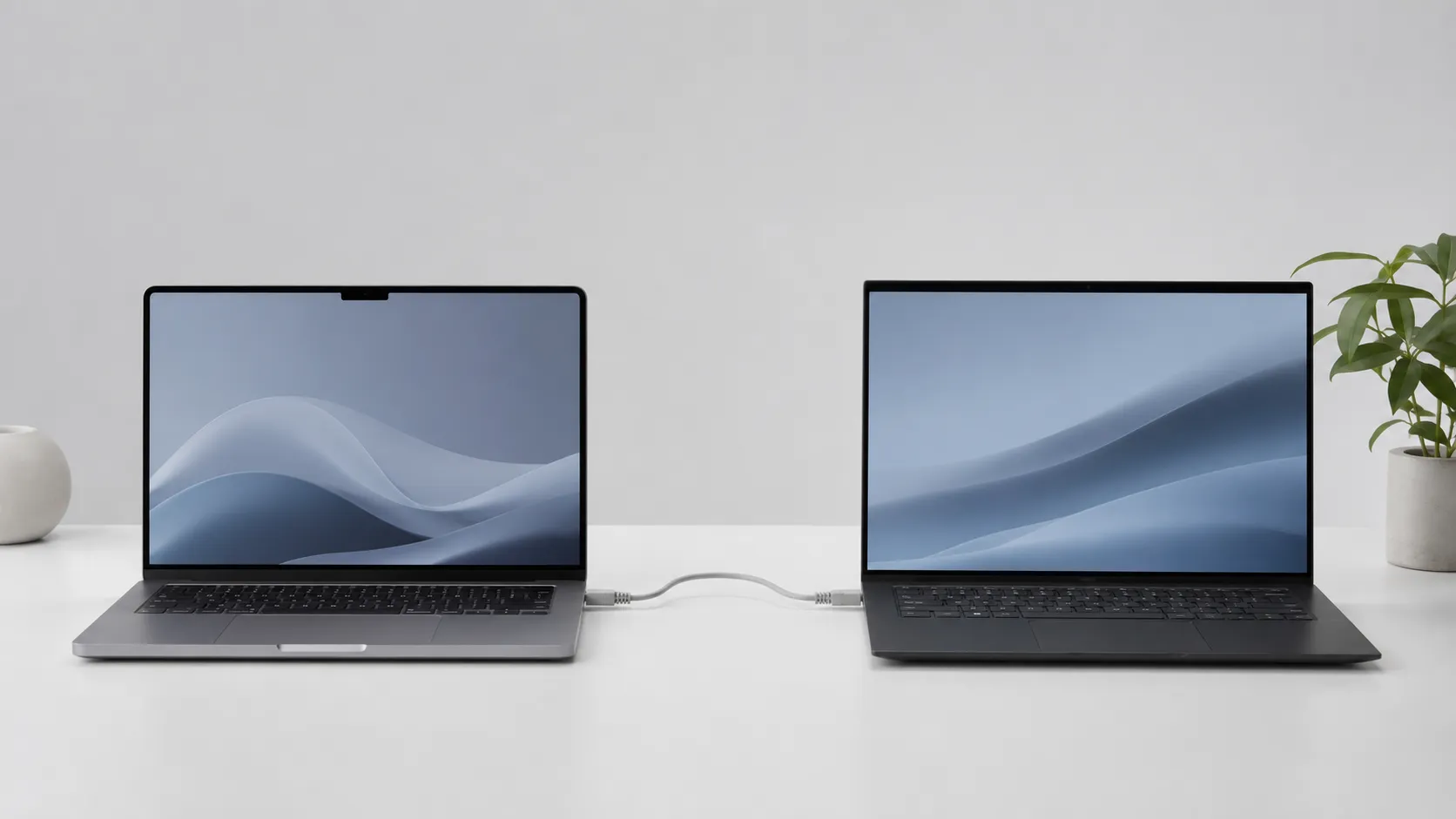 MacBook Pro and Windows laptop connected by ethernet cable for local network file sharing between Mac and Windows