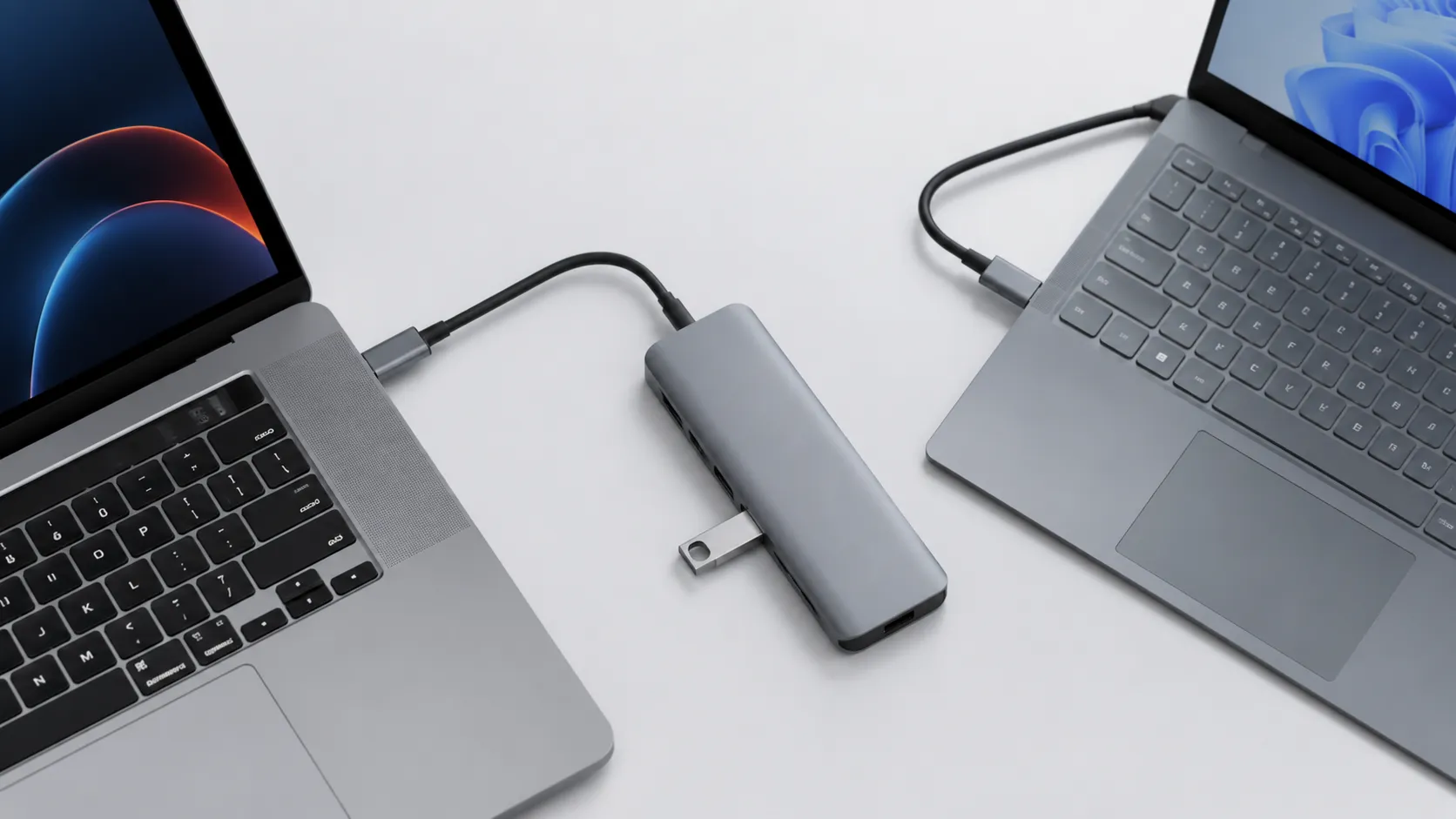 USB-C hub connecting a MacBook and Windows PC for direct file transfer between Mac and Windows