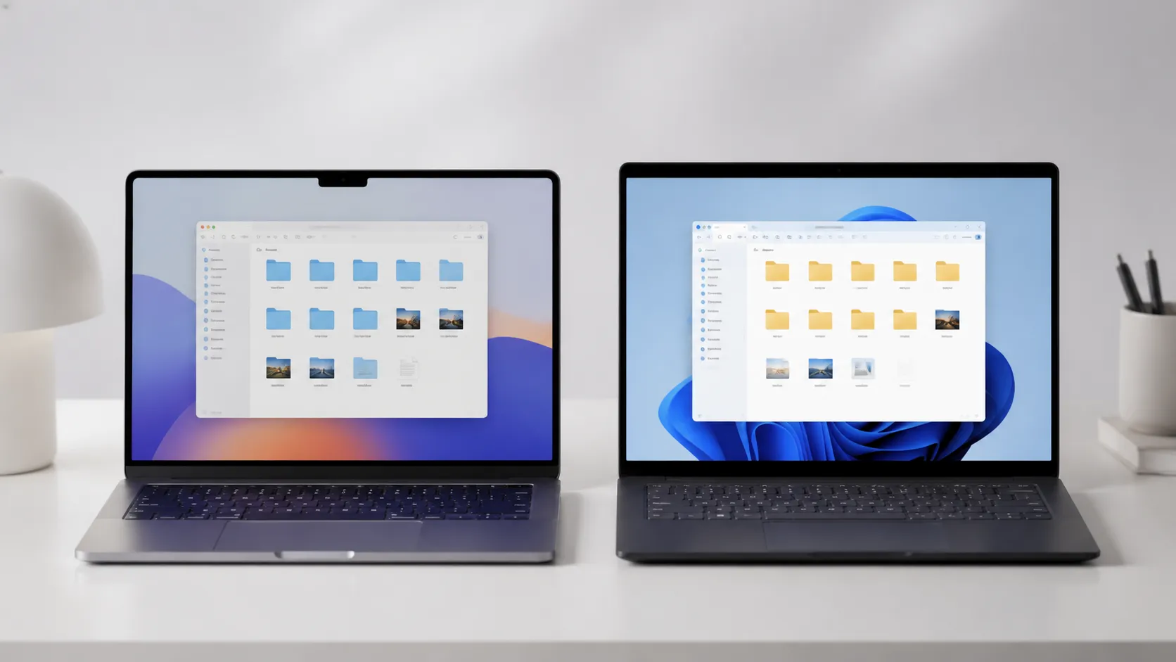 Finder on Mac and File Explorer on Windows 11 displaying the same shared folder for cross-platform file access