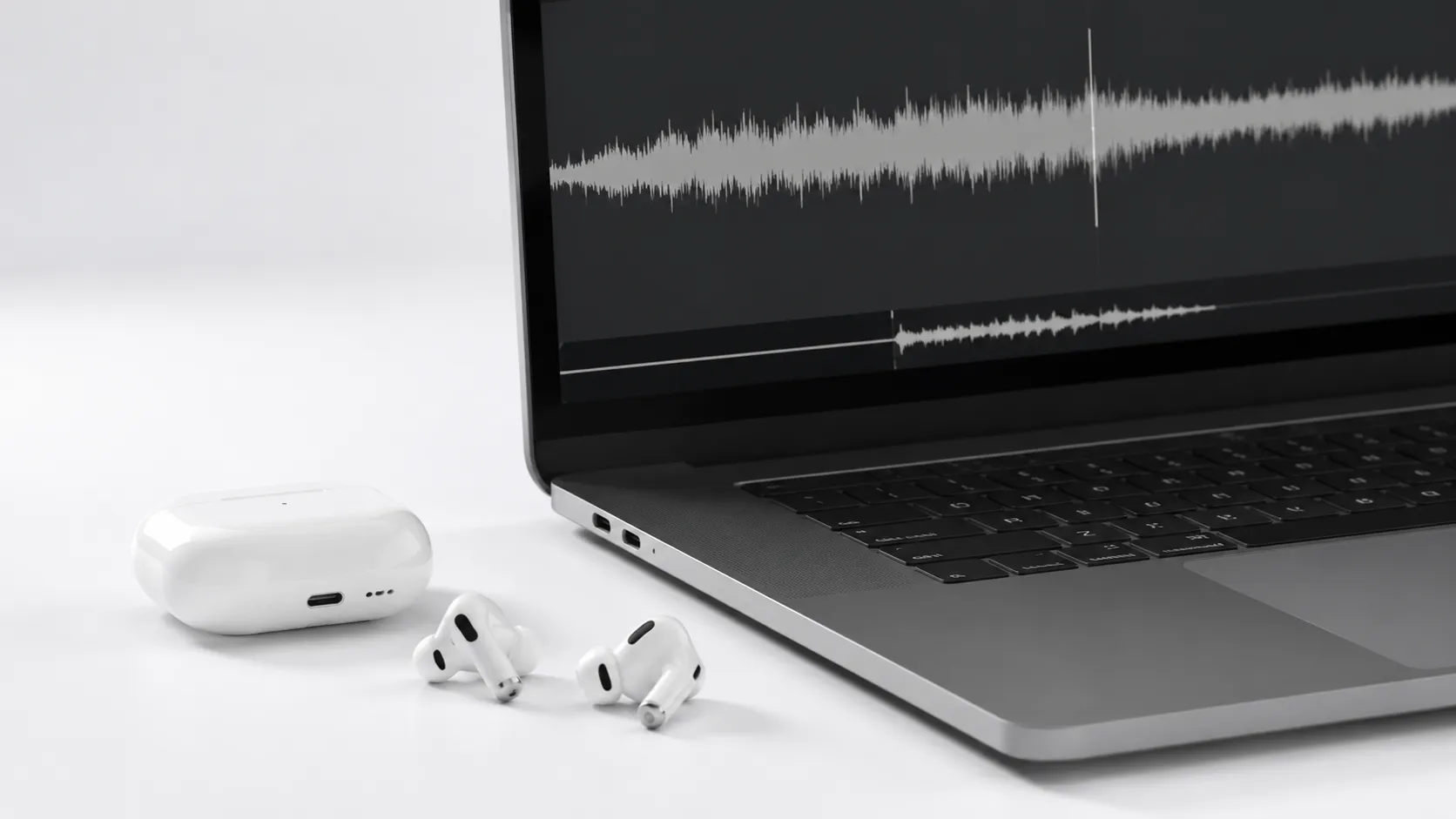 AirPods Pro beside MacBook showing audio waveform after extracting MP3 from YouTube video on Mac