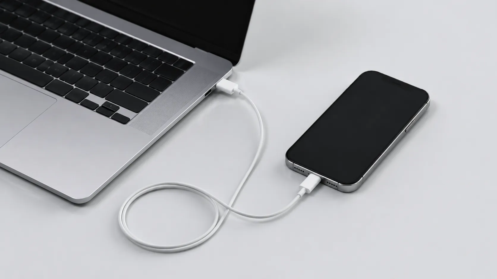 iPhone connected to MacBook Air with USB-C cable to transfer iPhone music to Mac