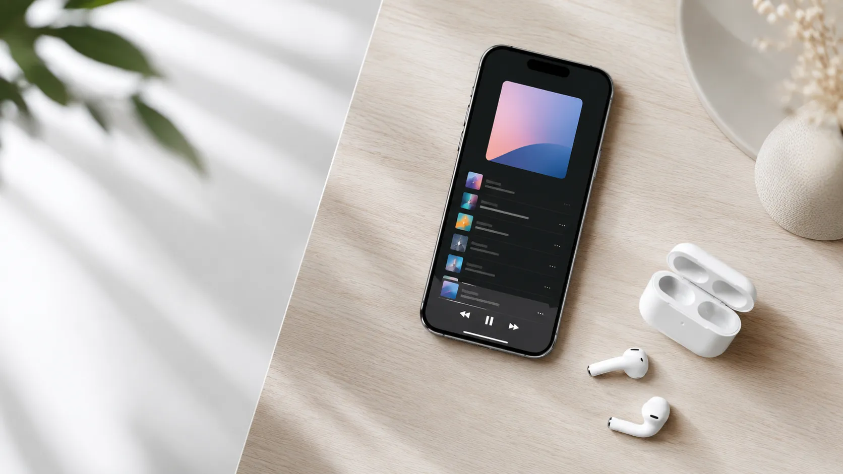iPhone Music app playlist open on desk beside AirPods for wireless music transfer
