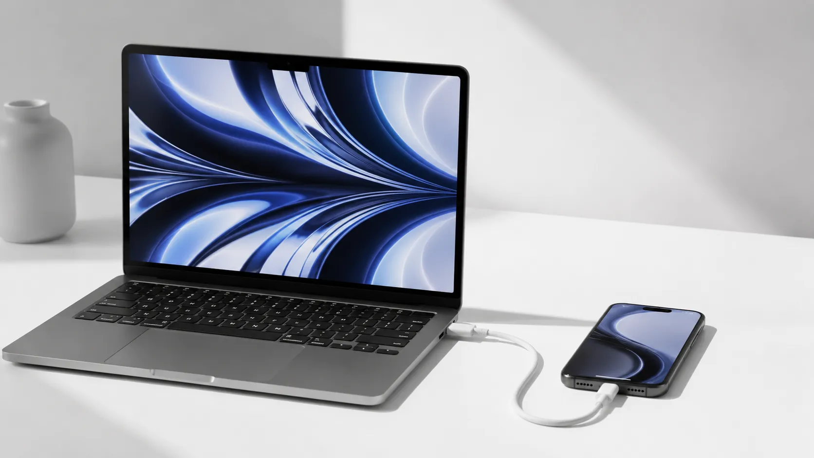 MacBook Air and iPhone connected by USB-C cable on a white desk for music transfer
