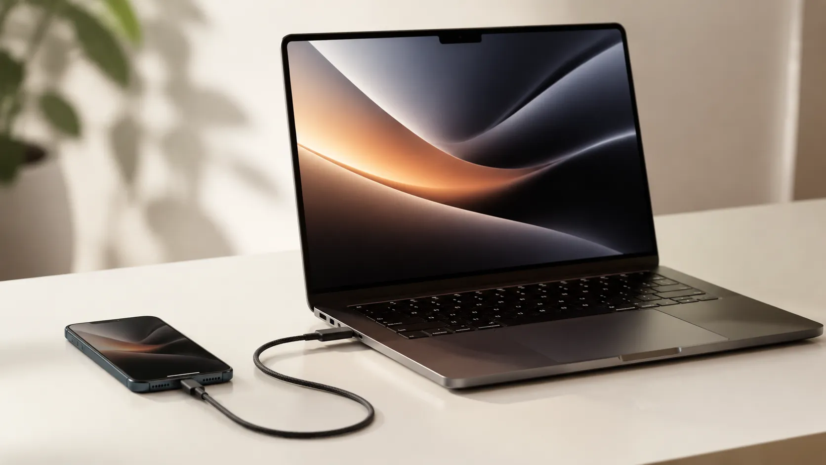 iPhone connected to MacBook Pro via USB-C cable on a white desk for photo transfer