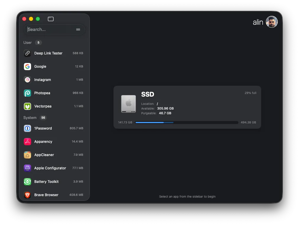 PearCleaner's main window on macOS listing user and system apps with their sizes next to an SSD storage summary