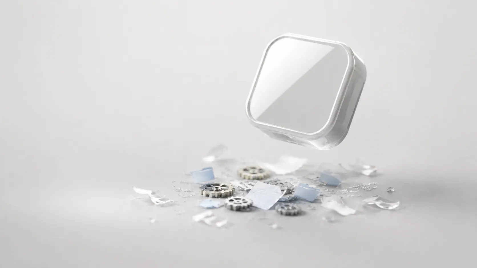 Concept illustration of an app leaving leftover files behind: an app icon lifted away revealing hidden gears, folders, and file fragments underneath