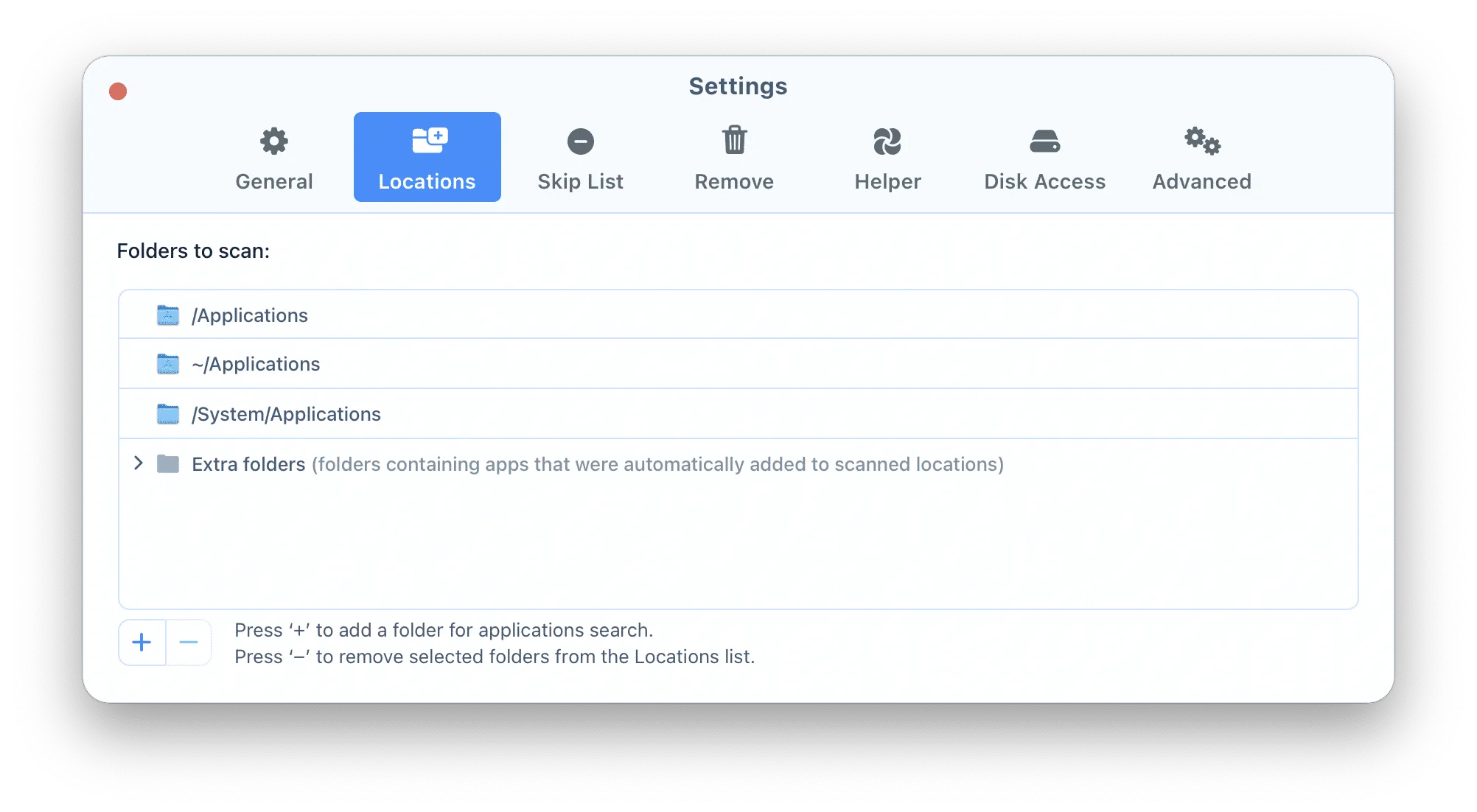 App Cleaner & Uninstaller's Settings window on Mac showing the Locations tab with the application folders it scans