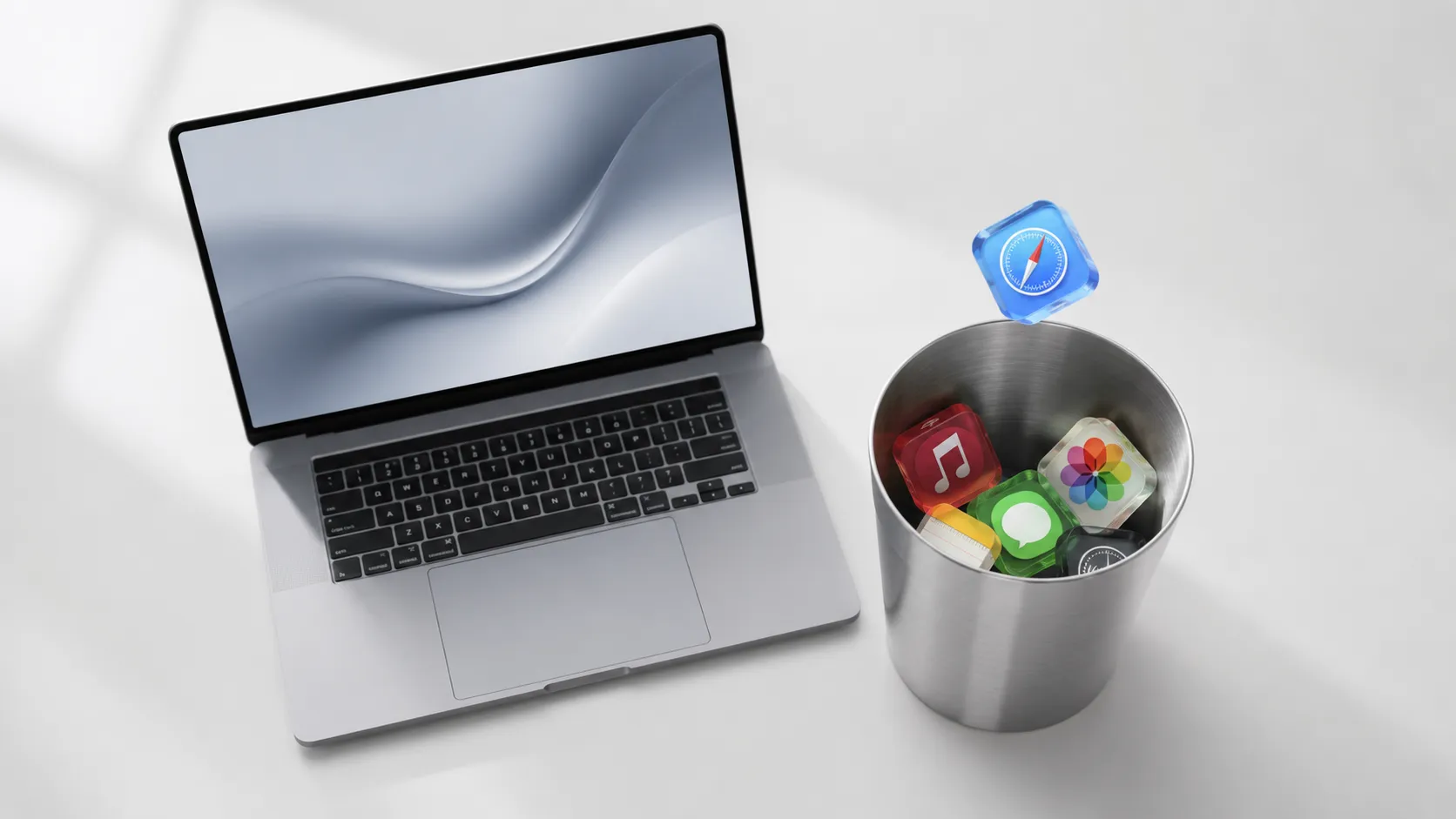 Concept image of uninstalling apps on a Mac: colorful app icon cubes dropped into a metal bin next to a MacBook